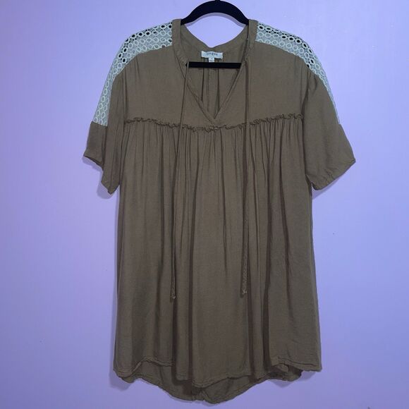 Umgee Mini Dress Women Small Brown Boho Peasant Minimalist Neutral Coastal - Picture 1 of 8